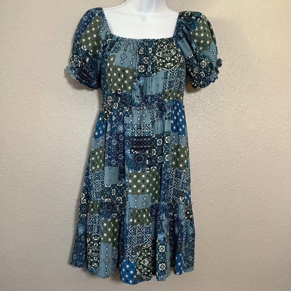 Blue Patchwork Cottagecore Prairie Peasant Puff Sleeve Babydoll Milkmaid Dress S